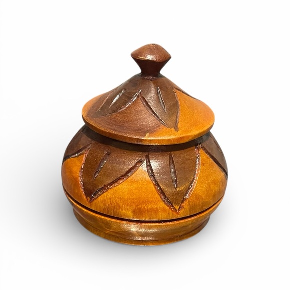 Other - Vintage Hand-Carved Round Wooden Turned Trinket Box With Lid